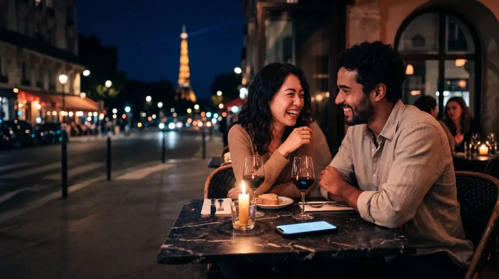 A couple laughing at a candlelit café table in Paris, a phone lying flat between them