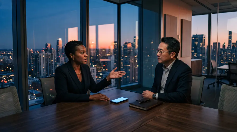 Two business people talking in a glass meeting room at dusk, a phone between them on the table
