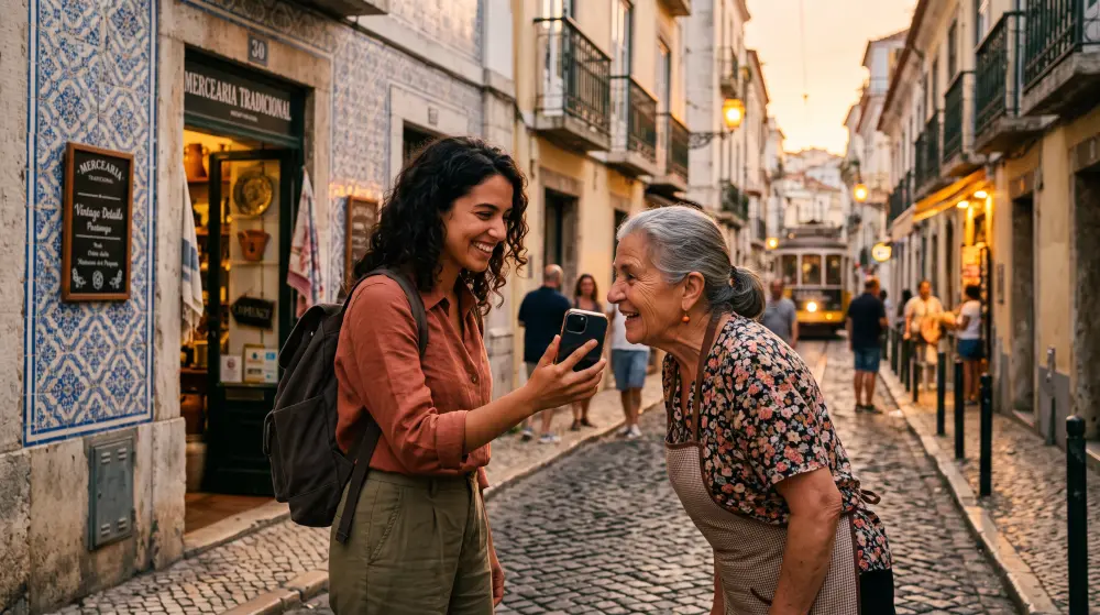 A traveler holding a phone toward a smiling shopkeeper on a Lisbon street at golden hour